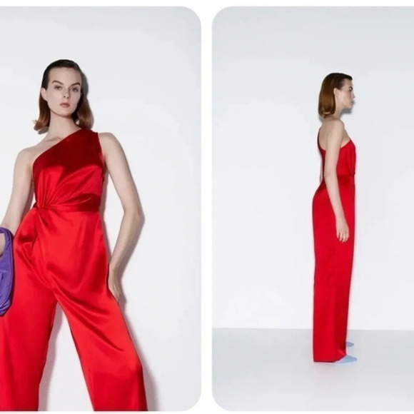 ZARA ASYMMETRIC LONG  RED SATIN JUMPSUIT  0387/166 - Picture 1 of 6